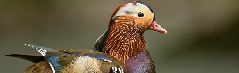 Mandarin Duck. Extremely colorful bird with brown, blue, green, purple, reddish and white details.